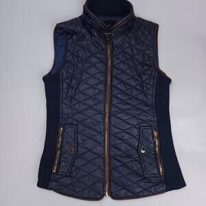Fate Quilted Equestrian Barn Vest Women Small ♡ Blue Gold Faux Leather Full Zip